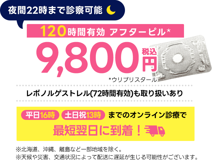夜間22時まで処方＆全国へ即日発送｜72時間有効　レボノルゲストレル　6,900円｜120時間有効　ウリプリスタール　7,900円