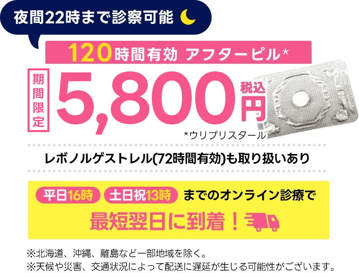 夜間22時まで処方＆全国へ即日発送｜72時間有効アフターピルL6,900円｜120時間有効アフターピルE7,900円